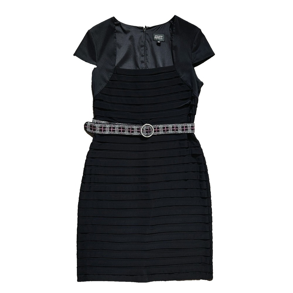 Adrianna Papell Black Belted Beaded Dress 12P Square Neck Eveningwear - Picture 2 of 15